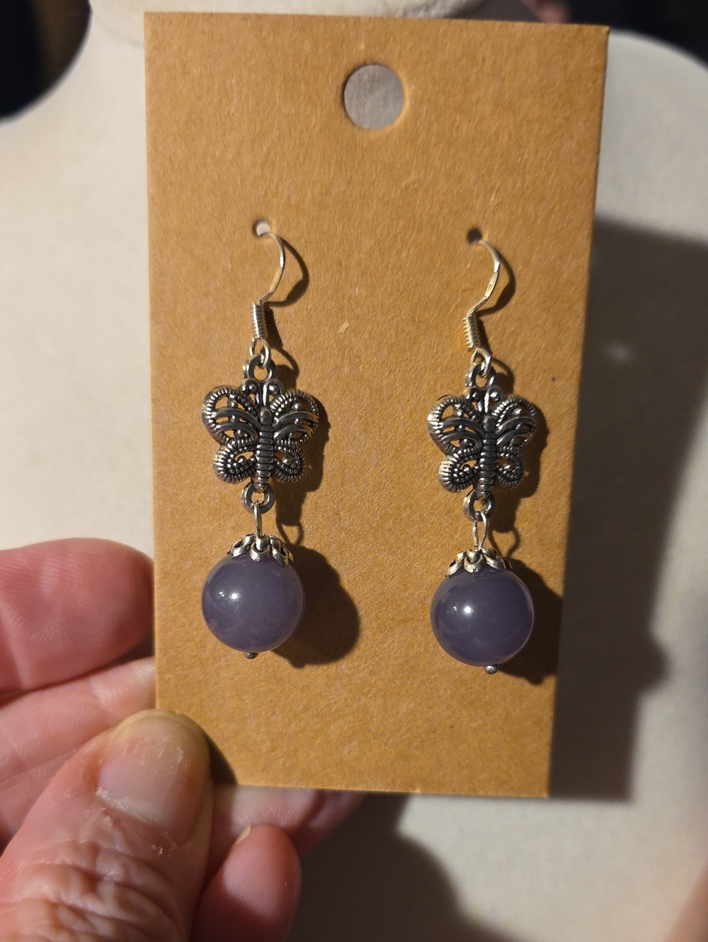 Silver Butterfly Drop Earrings with purple Jade  - Women Jewelry